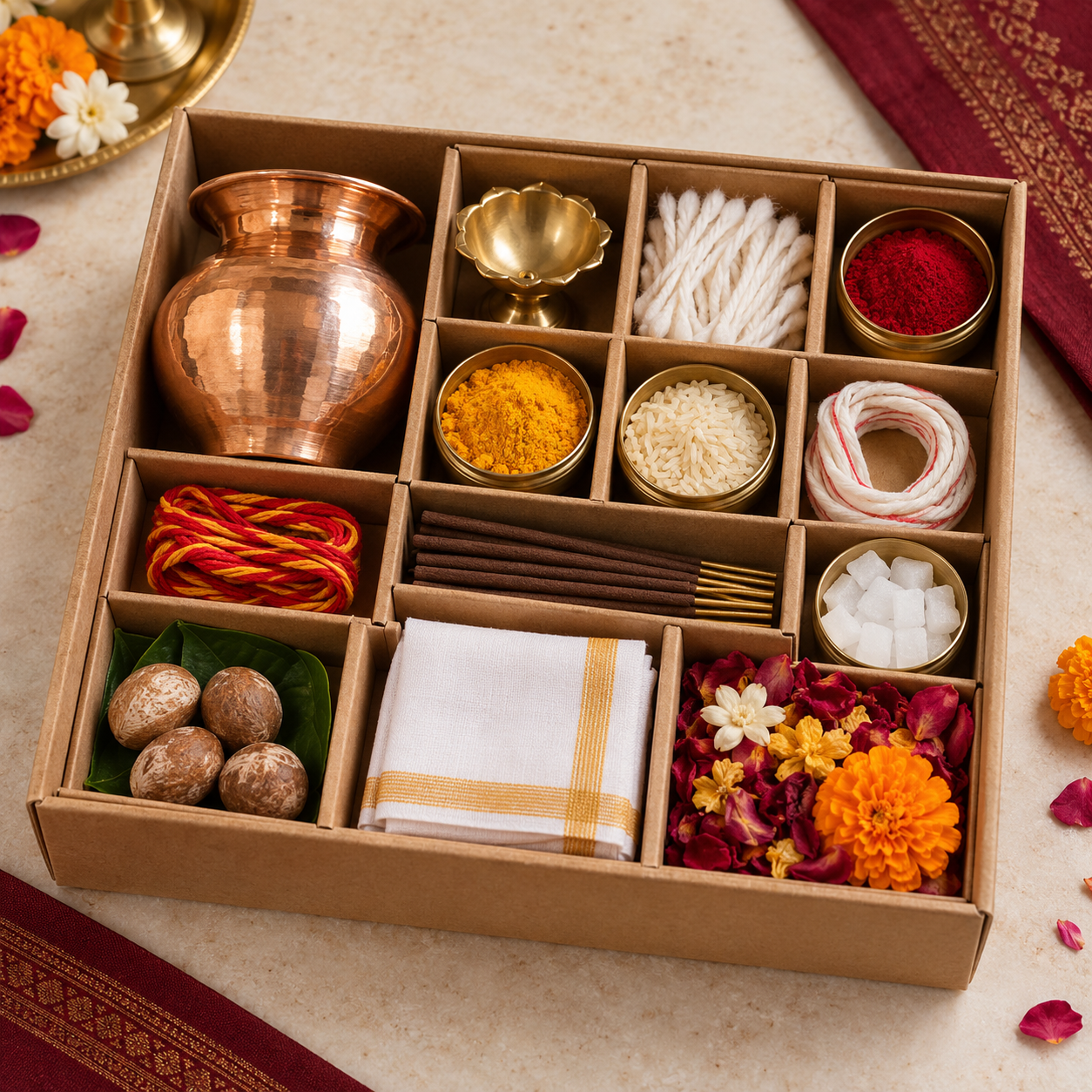 Complete Indian puja kit with diya, kalash, flowers and traditional worship essentials